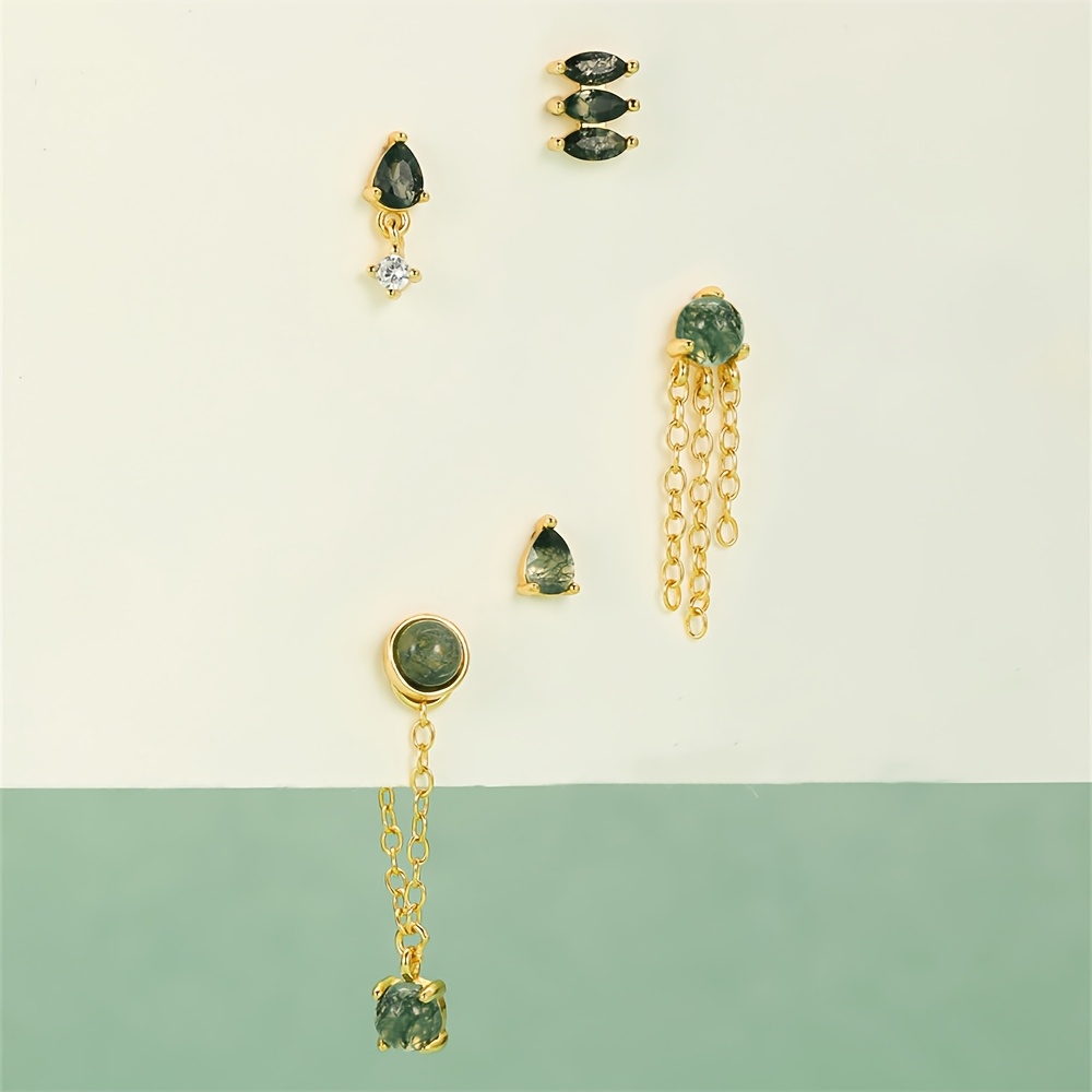 Women's 925 Silvery Moss Agate Water Drop Stud Earrings
